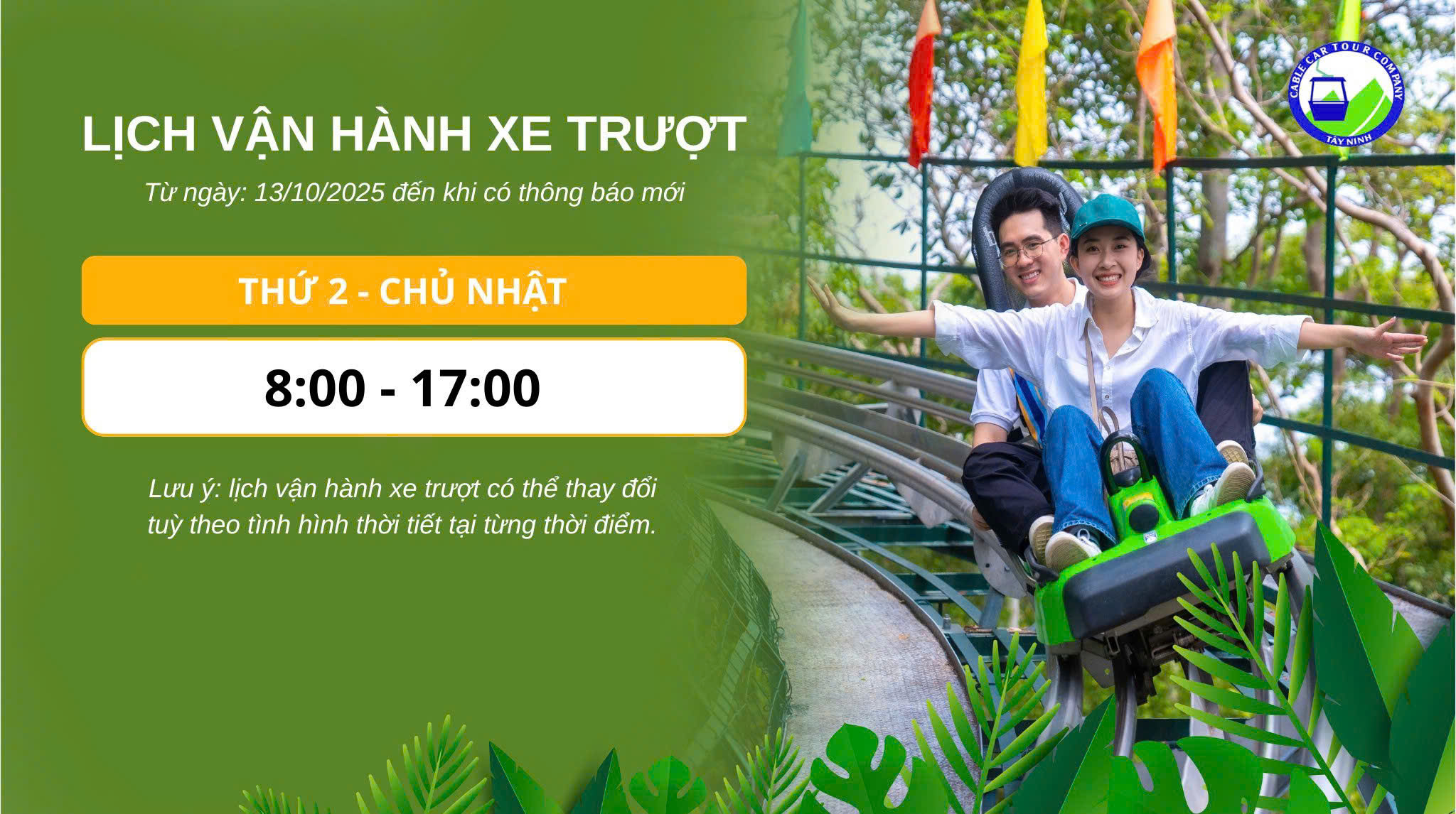 Lịch vận hành xe trượt ống Núi Bà Đen, giờ hoat động xe trượt ống Núi Bà Đen, máng trượt Núi Bà Đen