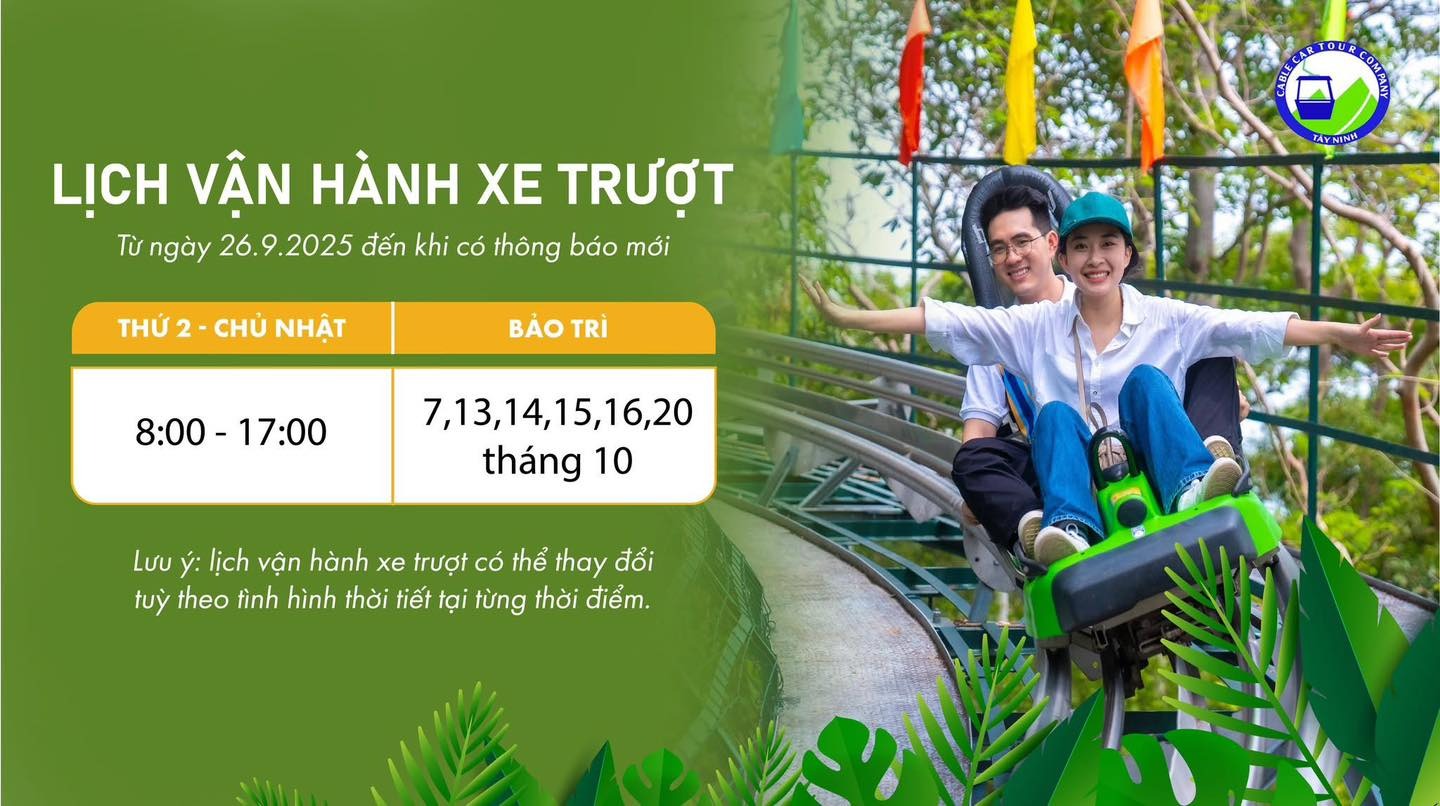 Lịch vận hành xe trượt ống Núi Bà Đen, giờ hoat động xe trượt ống Núi Bà Đen, máng trượt Núi Bà Đen
