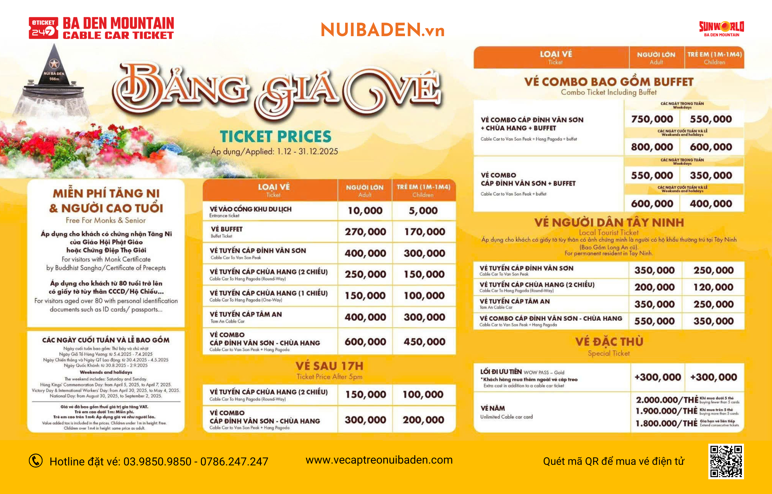 Bảng Giá Vé Cáp Treo Núi Bà Đen