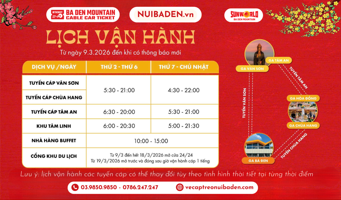 Giờ hoạt động cáp treo núi Bà Đen