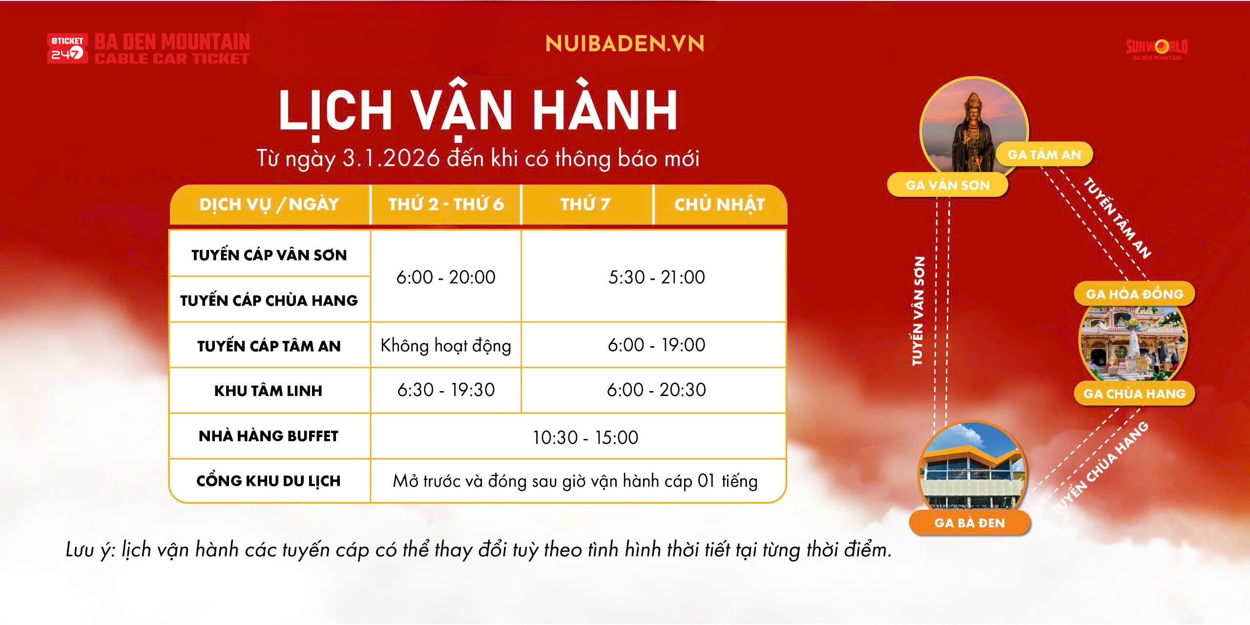 Giờ hoạt động cáp treo núi Bà Đen - khu du lịch Núi Bà Đen_Sun World Ba Den Mountain