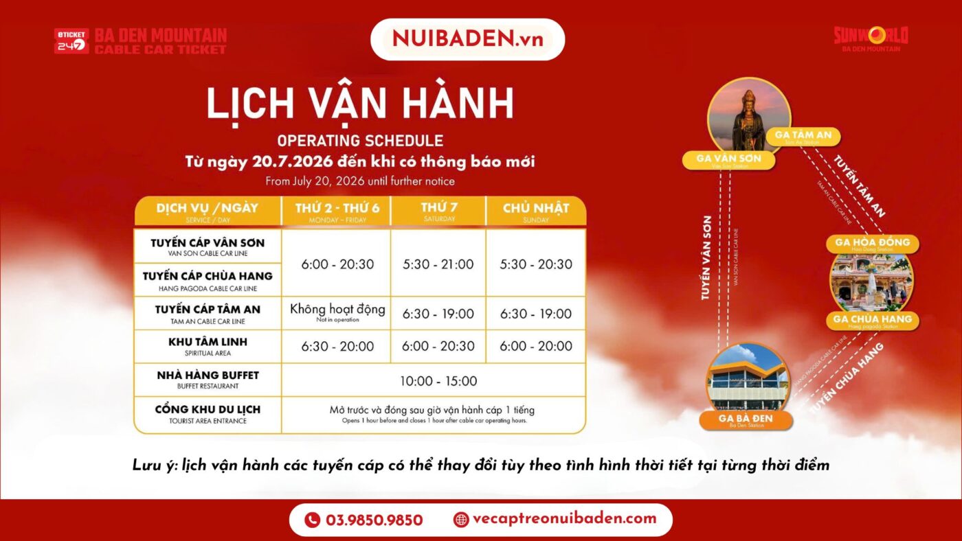 Giờ Hoạt Cáp Treo Núi Bà Đen, Giờ Mở Cửa, Giờ Đóng Cửa, Lịch Vận Hành Cáp Treo Núi Bà Đen