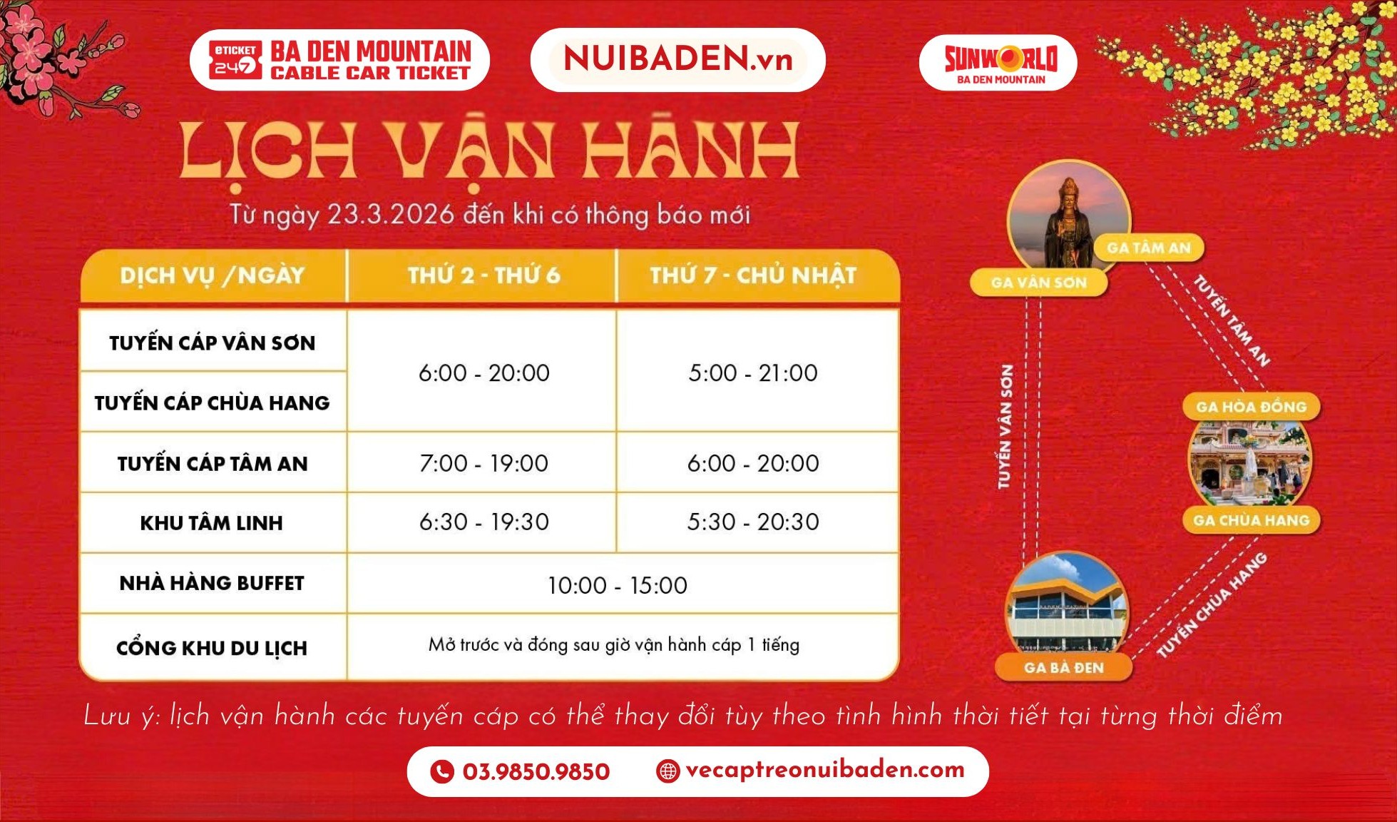 Giờ hoạt động cáp treo Núi Bà Đen, Giờ vận hành cáp treo, Giờ mở cửa, giờ đóng cửa