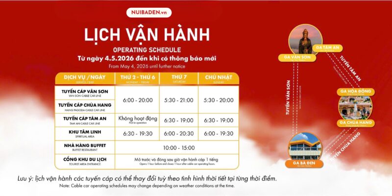 Giờ Hoạt Cáp Treo Núi Bà Đen, Giờ Mở Cửa, Giờ Đóng Cửa, Lịch Vận Hành Cáp Treo Núi Bà Đen